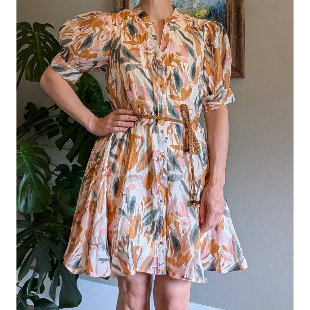 NWT Entro Floral Button Front Puff Sleeve Mini Dress M‎ Braided Belt Cottagecore